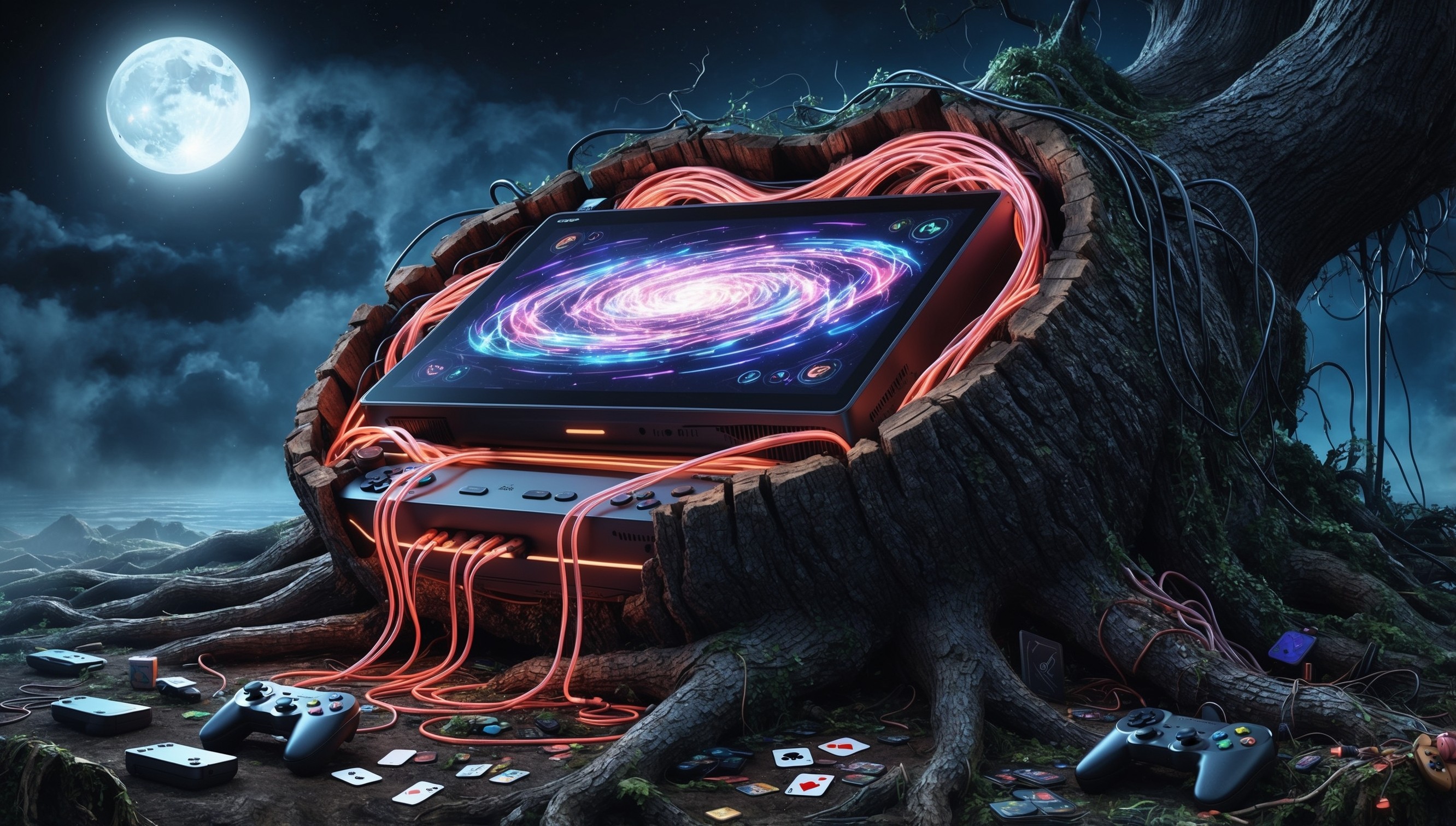 A dark, misty, and mystical illustration of a hollowed-out, ancient tree trunk transformed into a colossal game console, with glowing neon tubes and wires entwined around its rugged bark, set against a starry night sky with a full moon casting an ethereal glow, the game console's screen displaying a mesmerizing, swirling vortex of colors and symbols, surrounded by a scattering of forgotten game controllers, abandoned cards, and mystic runes, with hints of moss, vines, and twisted roots crawling up the console's edifice, evoking a sense of forgotten technology and mystic wonder.
