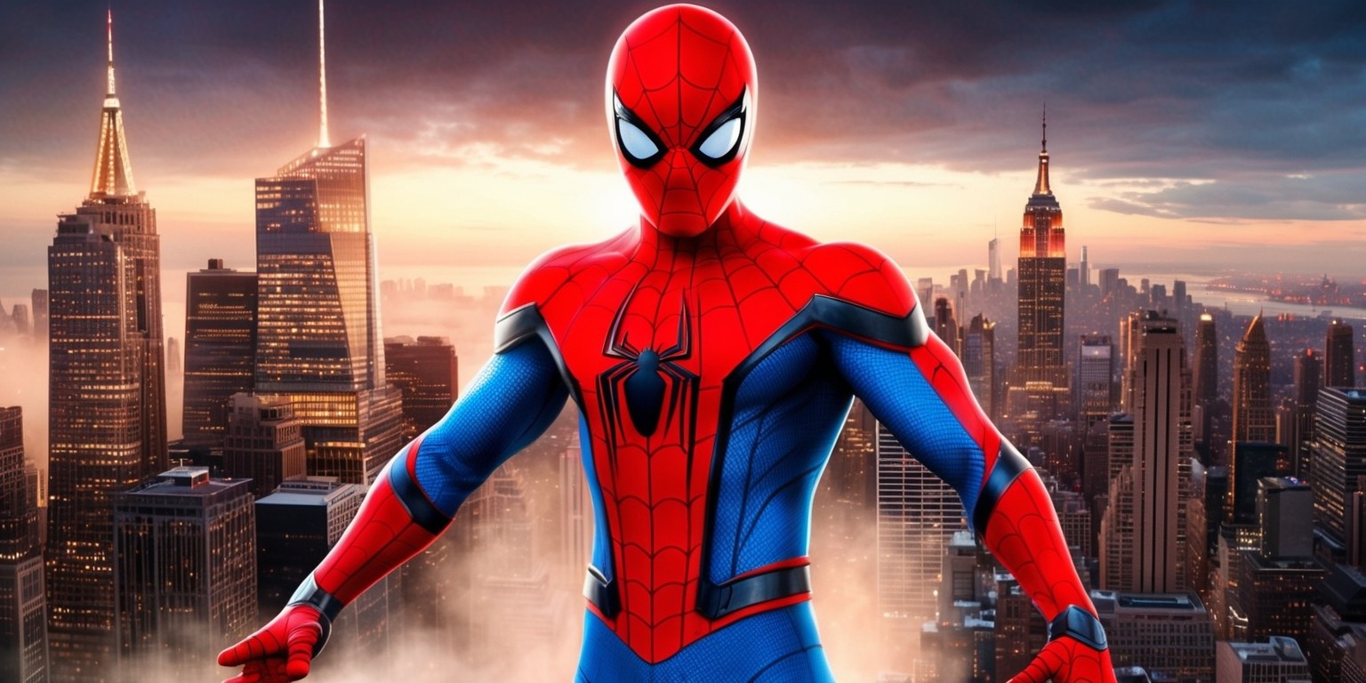A digital illustration of Spider-Man standing heroically in front of a majestic, intricately detailed New York City skyline at dusk, with warm golden lights illuminating the towering skyscrapers, and a faint mist surrounding the city streets, capturing the essence of a blockbuster movie poster, featuring the iconic Marvel superhero in his signature red and blue costume, complete with a bold, expressive Spider-Man logo emblazoned on his chest, his bright, determined eyes gleaming with a sense of protectorship, his muscular physique tense and poised for action, as if ready to swing into battle at a moment's notice.