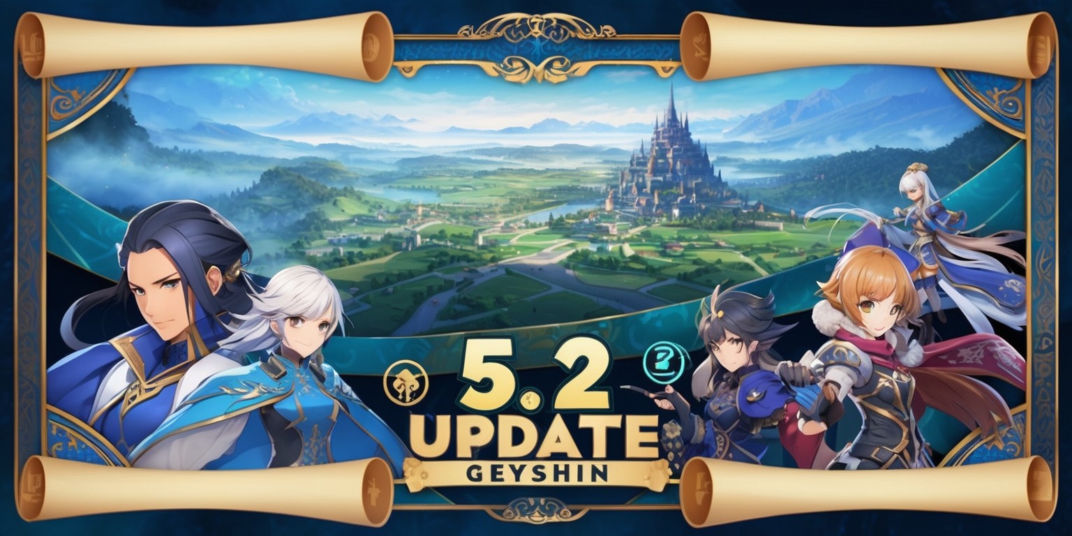 A stylized illustration showcasing the latest 5.2 update of Genshin Impact, featuring a sweeping landscape of Teyvat with vibrant hues of blue and green, set against a majestic misty background, with intricate details of the game's fantastical architecture and lush vegetation. In the forefront, prominent characters from the update, such as Dehya, Mika, and other highly anticipated additions, are displayed in dynamic poses, with meticulous attention to their facial features, skin tones, and iconic attire. The entire scene is framed by ornate, curved borders with a subtle glow, reminiscent of ancient scrolls, and adorned with elegant, golden typography highlighting the 
