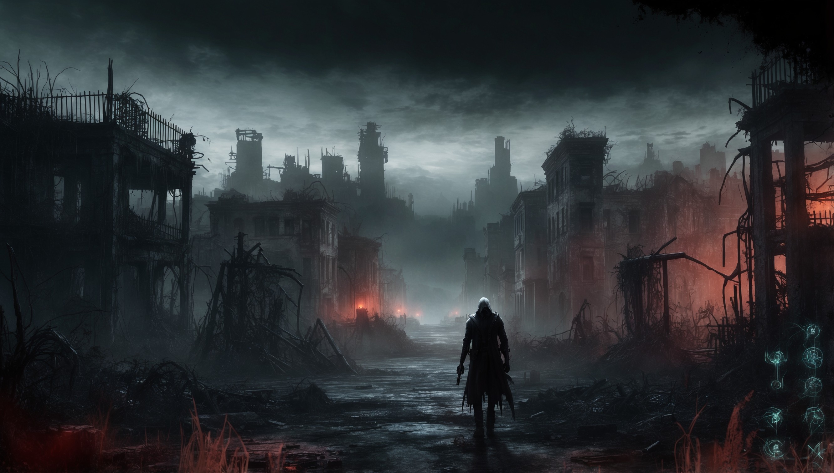A eerie, dimly lit scene depicting a haunted, rundown cityscape inspired by the eerie atmosphere of a Hollowbody Horror video game, with crumbling buildings, twisted metal, and overgrown vegetation, set against a foreboding, dark grey to black gradient sky with hints of crimson and orange hues, evoking a sense of dread and unease, featuring a central figure, perhaps a protagonist or villain, shrouded in shadows, with only glowing eyes visible, surrounded by faint, ethereal glow of mysterious energies, and subtle hints of ancient, mystical runes etched into the environment, with a sense of decay and neglect permeating every aspect of the scene, as if the very fabric of reality is unraveling, inviting the player to explore the dark, twisted world of Hollowbody Horror.
