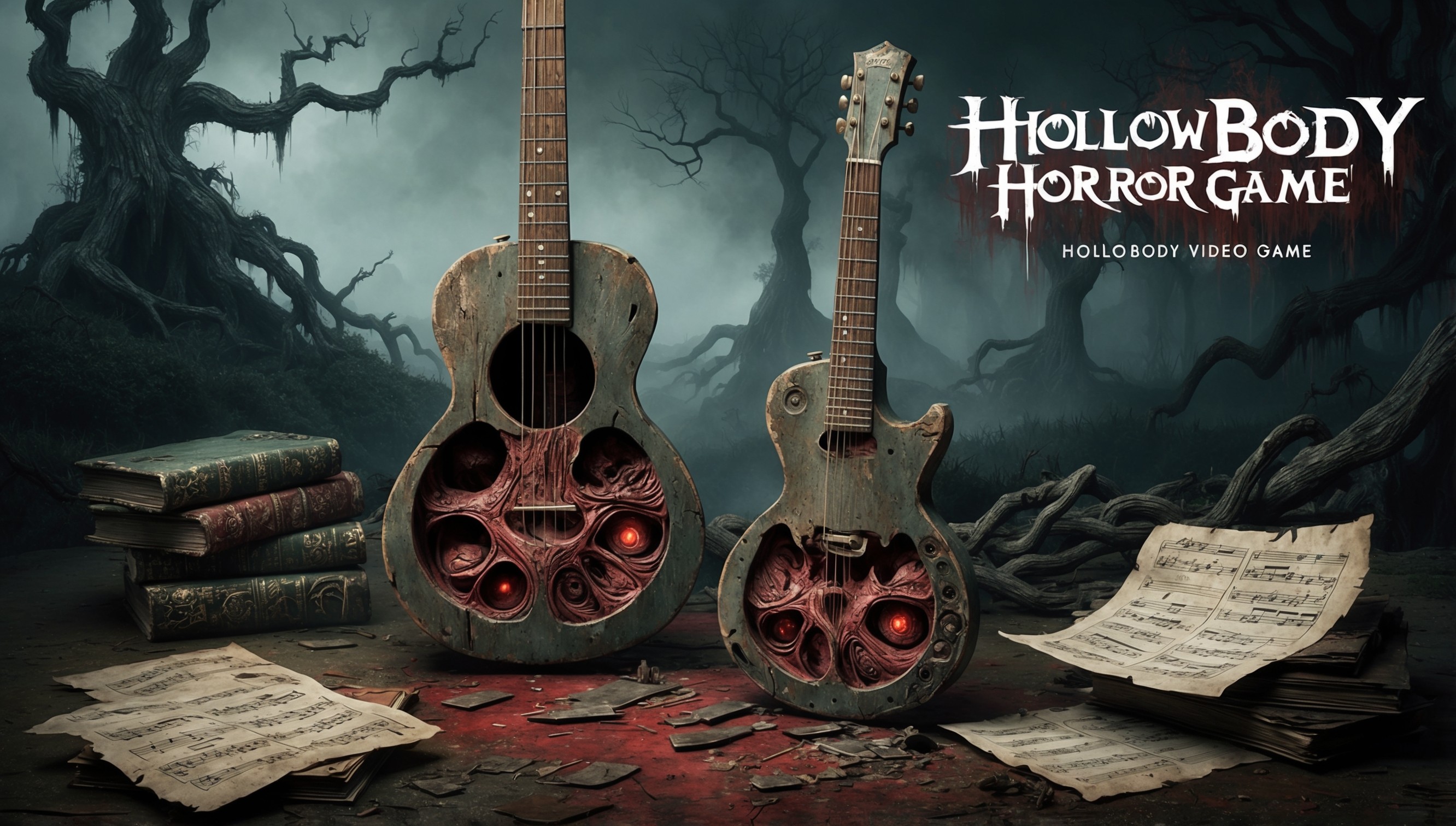 A hauntingly atmospheric illustration of a Hollowbody Horror video game, set against a dark, misty backdrop with twisted, gnarled trees looming in the distance. In the foreground, a decrepit, worn guitar with hollowed-out bodily organs and eerie, glowing eyes serves as the central focus, surrounded by cryptic, ancient-looking tomes and scattered, broken music sheets. The color palette is a mix of muted, earthy tones - mossy greens, weathered woods, and crimson reds - with touches of ethereal, otherworldly light. The overall aesthetic is a blend of haunting, surreal horror and dark, mystical fantasy, with intricate, ornate details and textures reminiscent of old, worn leather. The illustration style is highly detailed, with bold lines and expressive, dynamic shading, evoking a sense of foreboding and unease.