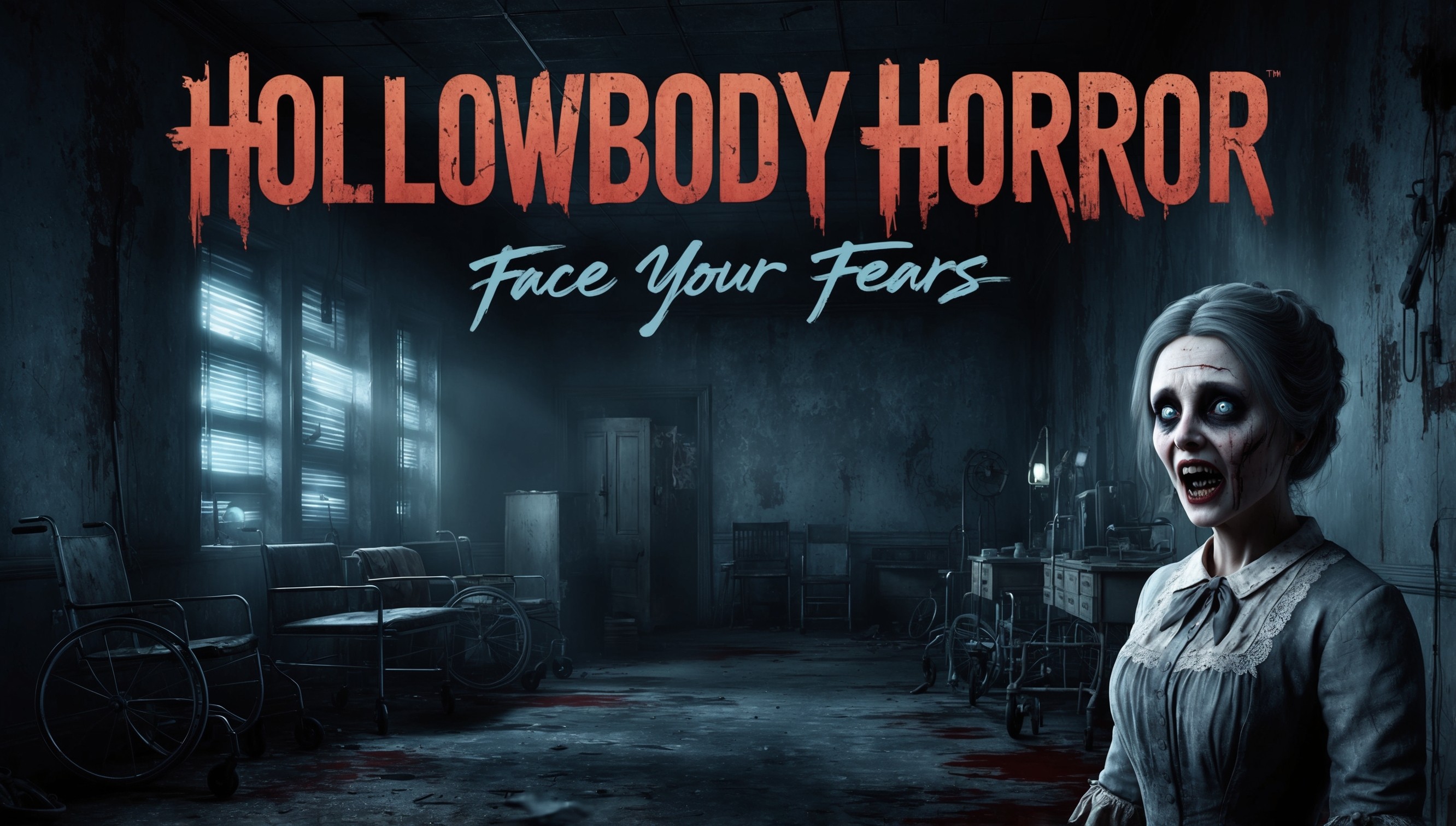 A hauntingly lit, atmospheric video game key art for Hollowbody Horror, set in a dimly lit, abandoned asylum with crumbling walls, flickering fluorescent lights, and eerie shadows. The game