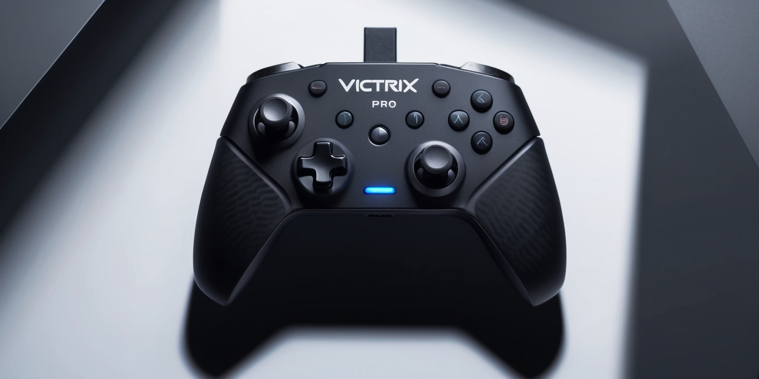 A high-angle shot of the Victrix Pro BFG Wireless Controller, a premium gaming accessory, placed centrally on a clean, minimalist background, showcasing its sleek and modern design. The controller's matte black finish has a subtle texture, with metallic accents on the triggers and a silver Victrix logo emblazoned on the top, backlit with a soft blue glow. The controller's ergonomic shape and contours are highlighted by a slight gradient of shadows, accentuating its premium feel. The wireless receiver is visible, plugged into the controller's top, with a subtle LED light indicating connectivity. The overall aesthetic is dark, moody, and sophisticated, evoking a sense of high-performance gaming.
