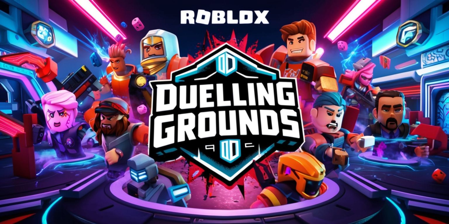 A digital artwork depicting the Duelling Grounds game from Roblox, set in a vibrant and detailed environment with a focus on the game's unique features and characters, featuring a variety of players with distinct facial expressions, skin tones, and customization options, surrounded by futuristic architecture and neon lights, with a bold color palette and dynamic composition, incorporating the game's logo and user interface elements in a stylized and visually appealing way, with sharp lines, intricate textures, and a sense of movement and energy, capturing the excitement and competition of the game, with players engaged in intense duels, showcasing their skills and strategies, in a highly detailed and immersive scene that brings the game to life.