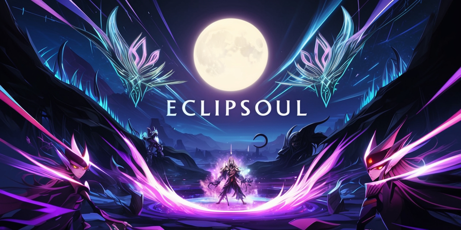 A fantastical illustration of the Eclipsoul game, featuring a darkened landscape with vibrant, ethereal accents, set against a backdrop of deep blues and purples, with intricate, glowing runes and mystical creatures, in a stylized, dreamlike art style, with bold lines and shimmering colors, and a sense of dynamic movement, as if the game's world is coming alive, with a large, glowing moon in the sky, casting an otherworldly glow over the scene, and in the foreground, a few characters with striking, angular facial features, and radiant, shimmering auras, surrounded by swirling, cosmic energy.