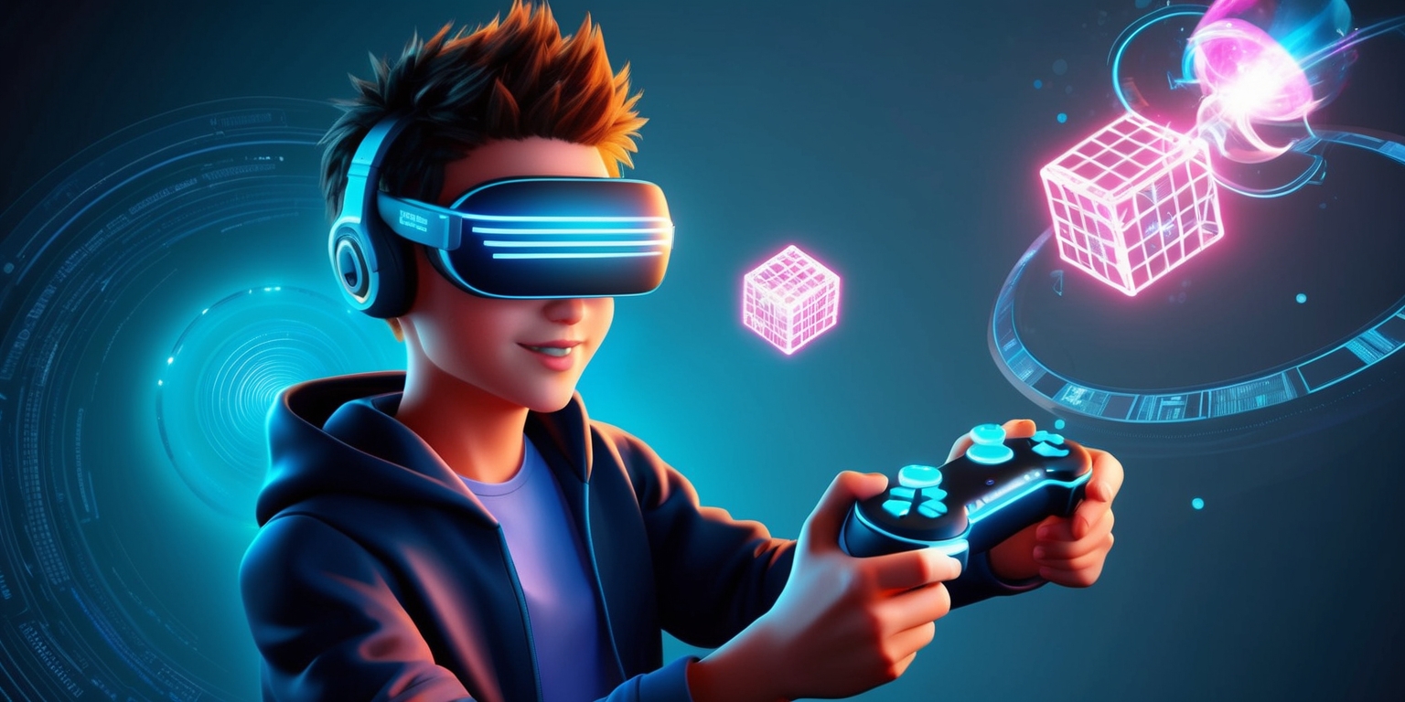 A futuristic gaming scene depicting a young adult with short, spiky hair and bright, inquisitive brown eyes, fully immersed in an augmented reality game, wearing a sleek, high-tech headset and holding a futuristic controller with glowing blue lines and buttons, set against a dark, gradient blue background with subtle, swirling patterns of code and digital circuitry, with vibrant, neon-colored 3D graphics and holographic elements floating around the player, including shimmering cubes, glowing orbs, and dynamic, swirling shapes, with a subtle glow emanating from the headset and controller, illuminating the player's face with a soft, ethereal light.