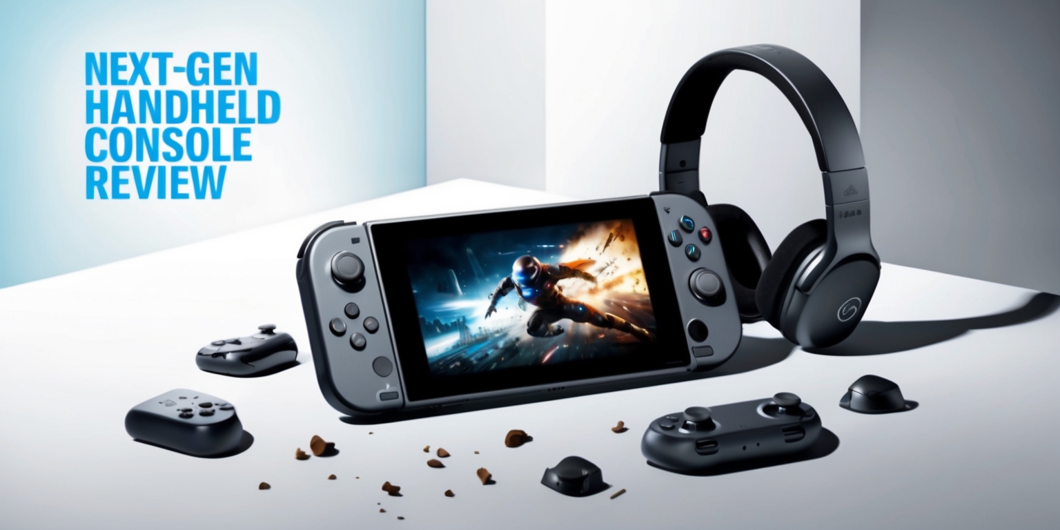 A sleek, modern handheld gaming console, with a vibrant, high-resolution screen displaying a fast-paced action game, set against a clean, minimalist background, with a subtle gradient of deep blues and silvers, evoking a sense of cutting-edge technology, sits atop a neatly organized desk, surrounded by a few carefully selected gaming accessories, such as a pair of wireless controllers and a compact gaming headset, all neatly arranged to convey a sense of premium quality, with a few crumbs of a freshly opened packaging strewn about, hinting at the excitement of unboxing a brand-new device, and in the top-left corner, a small, clean, modern sans-serif font reads Next-Gen Handheld Console Review in a bright, electric blue color, with a subtle drop shadow effect, giving the overall image a crisp, tech-savvy feel.