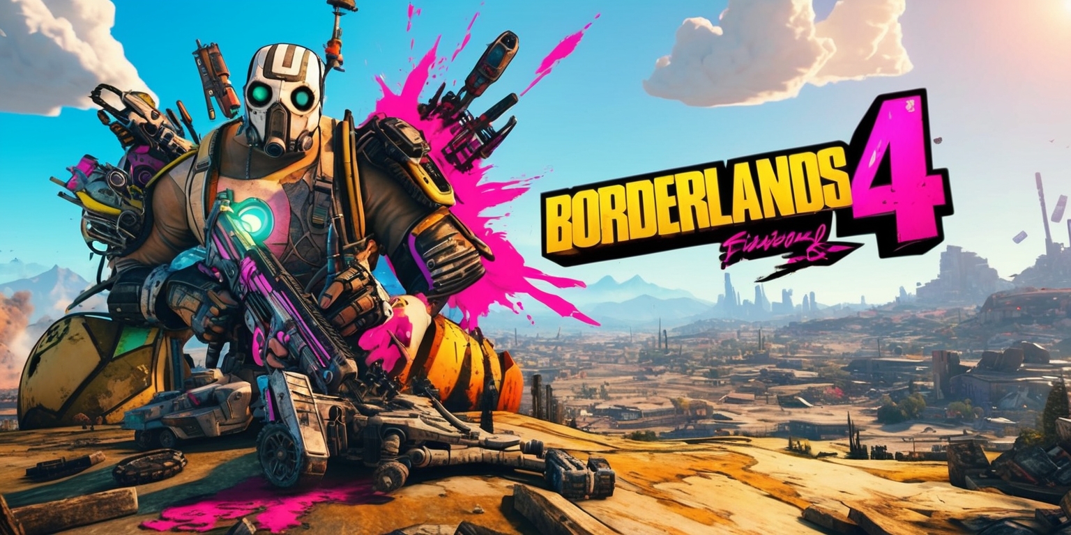 A vibrant, post-apocalyptic scene from Borderlands 4, with a gritty, stylized aesthetic, featuring a rugged, worn-down landscape, and a mix of muted earthy tones, such as beige, brown, and dusty grey, with bursts of bright, neon colors, like pink, blue, and purple, emanating from various sci-fi elements, including futuristic guns, sleek vehicles, and high-tech gadgets, set against a vast, open-world backdrop, with a clear, sunny sky, and a few puffy, white clouds, and in the distance, a sprawling, dilapidated cityscape, with crumbling buildings, and ruins, and prominently displayed, the game's iconic, stylized logo, with bold, metallic letters, and a distinctive, blood-red color scheme.