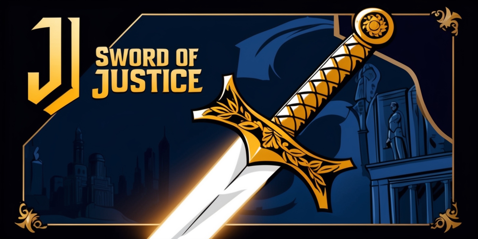 A dramatic illustration of a sword symbolizing justice, set against a dark blue background with golden accents, the sword's hilt is ornate with intricate carvings of scales and laurel leaves, the blade shines with a subtle glow, surrounded by subtle hints of a cityscape at dusk, with skyscrapers and statues in the distance, the overall style is a mix of medieval and modern elements, with bold lines and vibrant colors, the text Sword of Justice is emblazoned in bold, golden font above the sword, with the game's logo, a stylized letter J with a sword through it, in the top left corner, the atmosphere is one of courage and righteousness.