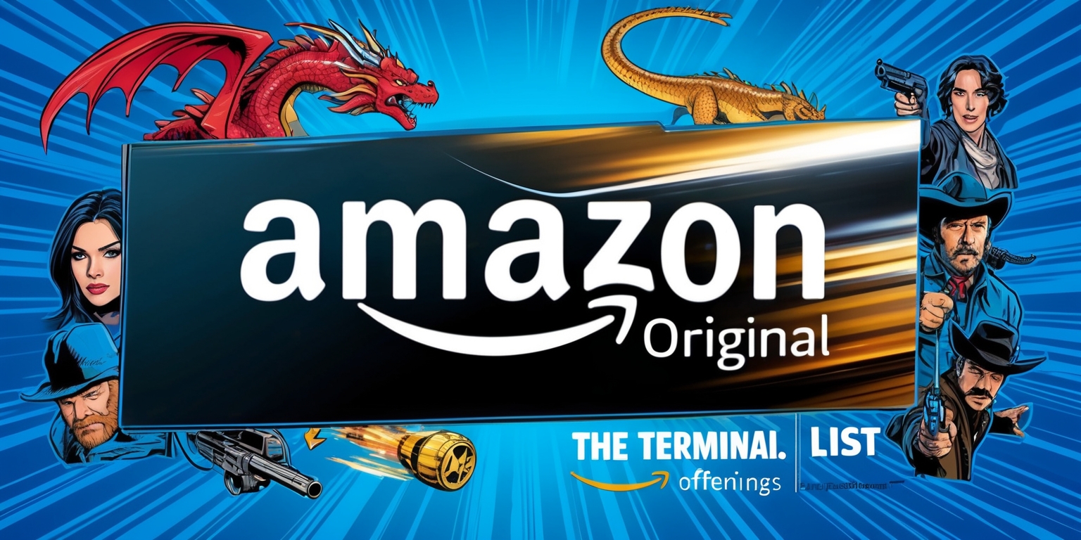 A vibrant and eye-catching promotional image for Amazon's movie and TV offerings, set against a bold, electric blue background that evokes excitement and entertainment. In the foreground, a large, sleek, silver Amazon logo takes center stage, with clean, modern lines and a subtle gradient effect that gives it a sense of depth and dimensionality. Surrounding the logo are various iconic characters and objects from popular Amazon Original movies and TV shows, such as a majestic dragon from The Lord of the Rings or a determined, gun-toting cowboy from The Terminal List, all rendered in a colorful, stylized manner that blends digital illustration with graphic novel-inspired aesthetics. The overall composition is dynamic, with curved lines and overlapping elements that create a sense of movement and energy, drawing the viewer's eye towards the Amazon logo and emphasizing the diversity and richness of its entertainment offerings.