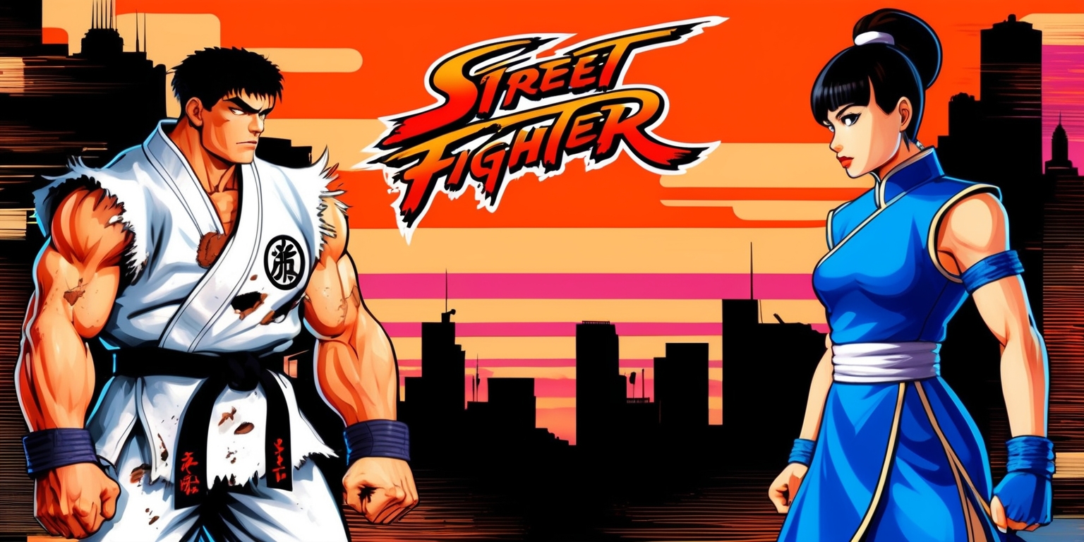 A vibrant and dynamic illustration of a Street Fighter game scene, set against a bold, sunset-inspired cityscape background with warm orange and pink hues, featuring iconic characters Ryu and Chun-Li standing back-to-back, ready for battle, with Ryu's Gi worn and torn from previous fights, and Chun-Li's blue qipao gleaming in the fading light, both characters depicted in a stylized, exaggerated manga style with bold lines, vibrant colors, and dramatic shading, the Street Fighter logo emblazoned in bold, red, kanji-inspired letters across the top of the image, with the game's title written in a curved, dynamic font above it, surrounded by subtle, stylized effects and textures that evoke the feel of a classic arcade game.