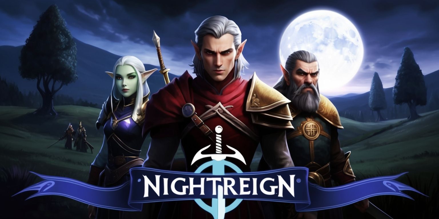 A fantasy role-playing game scene from Nightreign RPG, set in a dark, mystical realm with a large, glowing full moon hanging low in the sky, casting an ethereal light on the landscape, with rolling hills and towering trees in the background, and a group of adventurers, including a human warrior with a strong jawline and determined expression, an elf mage with piercing green eyes and shoulder-length silver hair, and a dwarf cleric with a thick beard and a holy symbol on their chest, standing together, ready for battle, with a dramatic, cinematic style and a color palette of deep blues and purples, and the game's logo, a stylized, silver crescent moon with a sword embedded in the center, emblazoned on a banner in the foreground.