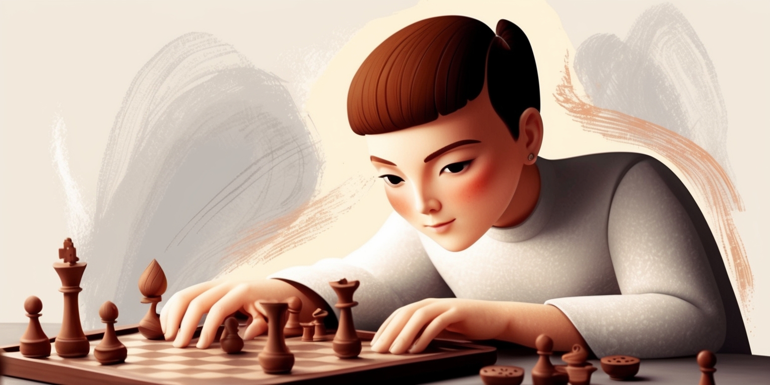 A serene and modern illustration of a person engaged in a skillful game, surrounded by subtle hints of concentration and focus, with a blend of warm and cool tones to evoke a sense of calm intensity, the subject's face tilted slightly, eyes fixed intently on the game board, with high cheekbones, a small nose, and a gentle, determined expression, the skin a smooth, golden brown, the hair a rich, dark brown, styled in a neat, undercut fashion, the background a soft, creamy gray, with subtle textures and gentle shading, the game pieces and board rendered in a beautiful, hand-crafted style, with intricate details and ornate patterns, the overall mood evoking a sense of quiet confidence and mastery.