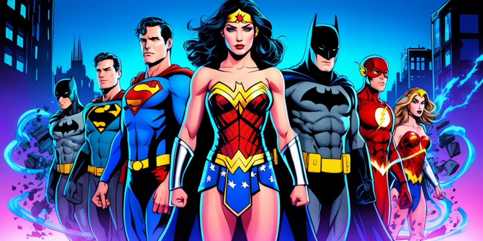 A dynamic digital illustration depicting a dramatic scene from a DC Superheroes game, set against a vibrant, gradient blue cityscape at dusk, with bold, expressive lines and vibrant colors. In the foreground, a group of iconic superheroes, including Superman, Batman, Wonder Woman, and the Flash, stand united, their costumes and capes rendered in meticulous detail, with Superman's iconic S shield and Batman's logo proudly displayed. The characters' facial features are strong and determined, with Wonder Woman's eyes gleaming with a fierce intensity. The background is alive with action, as buildings and debris are scattered amidst a swirling vortex of smoke and energy, with subtle hints of glowing, electric blue highlights. The overall style blends elements of comic book art and video game design, with a sense of high-stakes drama and epic heroism.