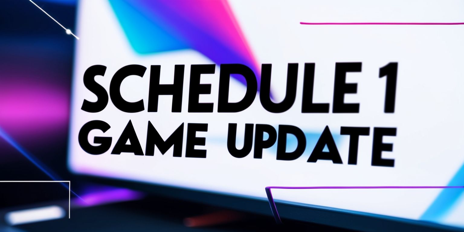 A close-up digital illustration of a video game update announcement on a screen, with the words Schedule 1 game update in a bold, modern font, prominently displayed in the center, against a blurred background of a gaming console or computer, with vibrant colors and sleek lines, and a subtle glow effect to emphasize the text, surrounded by minimalistic design elements, such as thin lines and simple shapes, with a focus on the contrast between the sharp, high-tech atmosphere and the simplicity of the announcement.