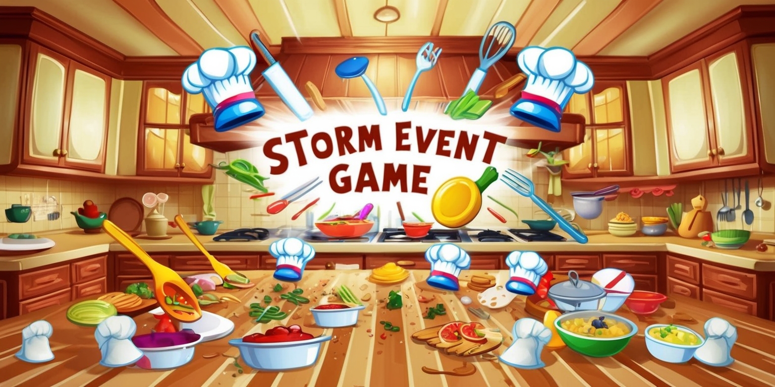 A vibrant and dynamic digital illustration of a whimsical kitchen setting transformed into a Storm event game scene, with culinary utensils and ingredients rearranged to resemble game pieces and obstacles, set against a warm and cozy wooden kitchen backdrop with shades of golden brown and creamy white, featuring a variety of colorful and playful game elements, such as chef hats, mixing bowls, and utensils, all bathed in a soft, inviting light, with a sense of energy and excitement emanating from the scene, and a subtle hint of competitive spirit in the air, as if the kitchen storm event game is about to begin, with all the ingredients and utensils at the ready, amidst a flurry of motion and activity, and a sense of joyful chaos.