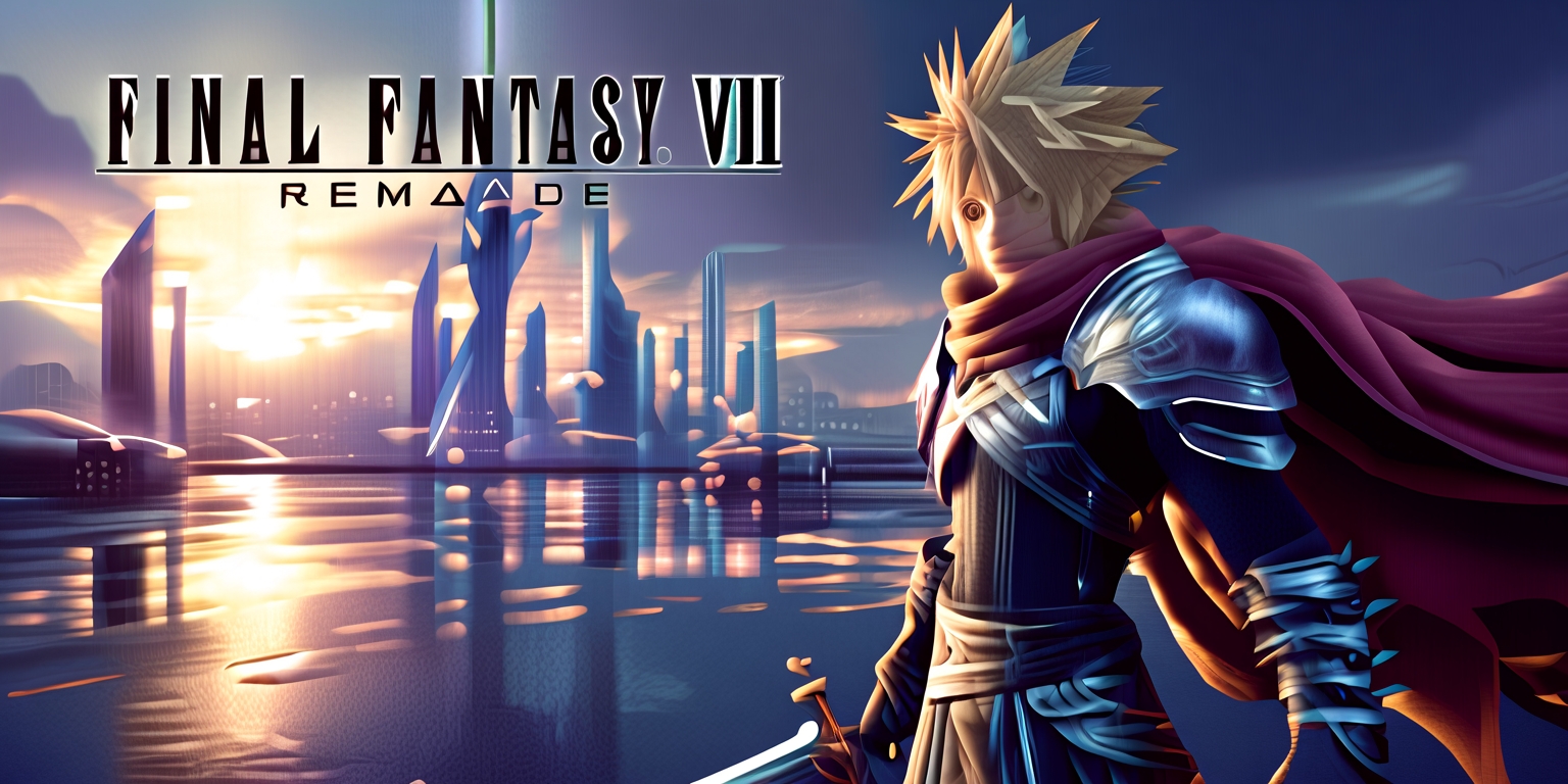 A stunning digital art piece depicting the protagonist Cloud Strife from the Final Fantasy VII Remake Intergrade game, standing heroically against a backdrop of a majestic, sprawling cityscape with sleek, futuristic skyscrapers and neon lights reflecting off the wet pavement, with a warm, golden glow emanating from the setting sun, casting long shadows across the landscape, Cloud's iconic Buster Sword at the ready, his determined facial expression and piercing blue eyes gleaming with an unyielding spirit, his spiky blonde hair messy and wind-swept, wearing his signature outfit adorned with intricate, metallic armor and a flowing, crimson cape flowing behind him, the words Final Fantasy VII Remake Intergrade emblazoned in bold, metallic lettering across the top of the image in a modern, futuristic font, with a subtle, gritty texture to the overall design, evoking a sense of high-stakes action and epic adventure.