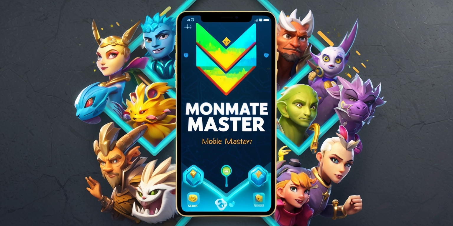 A vibrant digital illustration of the Monmate Master mobile game interface on a smartphone screen, featuring a V-shaped layout with a bold, colorful logo at the top, incorporating a mix of blue, green, and yellow hues, with a subtle gradient effect, and a variety of fantastical creatures and characters with distinct facial features, skin colors, and unique attributes, set against a textured, dark gray background, with sleek, modern typography and a sprinkle of golden accents, and a few buttons and menus with a futuristic, metallic sheen, all carefully arranged to convey a sense of excitement and adventure, with a shallow depth of field to draw attention to the central elements of the game.