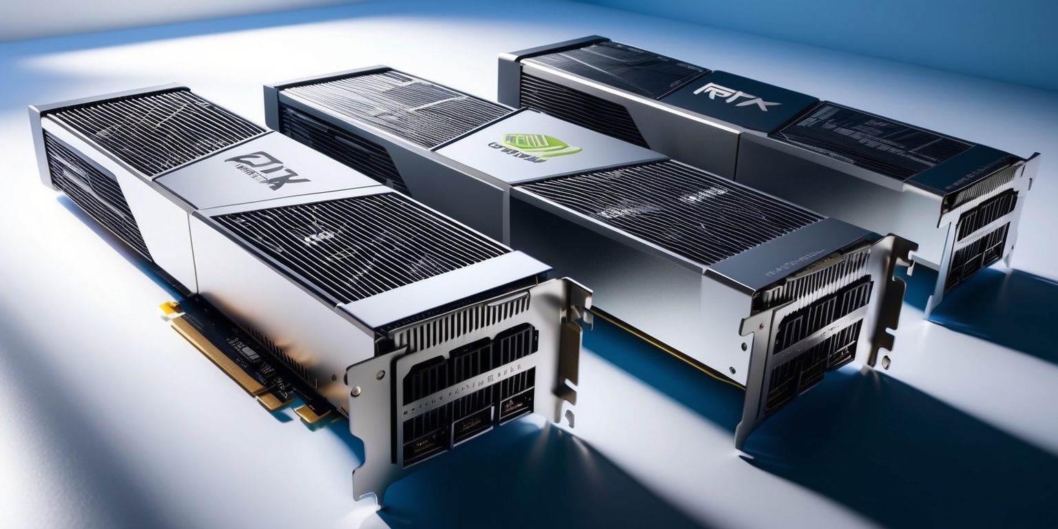 A highly detailed, photorealistic image of the Nvidia GeForce RTX 50-series graphics cards, showcasing the sleek, angular design of the metallic shroud, with precisely rendered ventilation grills and intricate circuitry patterns. The cards are arranged in a staggered formation, with the RTX 5090 Ti placed at the forefront, its metallic finish reflecting subtle shades of silver and grey. The background is a soft, gradient blue, evoking a sense of cutting-edge technology, while the lighting is dramatic, with highlights accentuating the cards' curves and crevices. The Nvidia logo, emblazoned on the cards in bold, silver font, takes center stage, surrounded by the model numbers and other specifications in a clean, modern sans-serif typeface. The overall aesthetic is one of precision engineering and high-performance computing, inviting the viewer to marvel at the raw power of these graphic processing units.