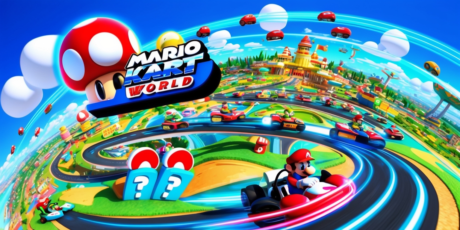 A vibrant, colorful digital art piece depicting the Mario Kart World game, featuring a bird's eye view of a bustling racetrack set in a fantastical kingdom, with iconic elements like mushrooms, question mark blocks, and Mario's signature red cap and blue overalls prominently displayed, amidst a sea of karts zooming by, with dynamic motion lines and speed trails, set against a bright blue sky with fluffy white clouds, incorporating a retro-futuristic aesthetic reminiscent of classic Mario games, with bold lines, rounded shapes, and meticulous textures, all presented in a widescreen format with a slight curve, evoking the sense of excitement and speed of the beloved racing game.