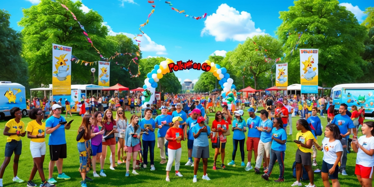 A vibrant and lively scene depicting a bustling Pokémon Go event, set against a bright blue summer sky with only a few puffy white clouds, taking place in a sprawling urban park with lush green grass and tall trees providing shade, where a diverse group of enthusiastic players of all ages, with varying skin tones and hairstyles, dressed in casual summer attire, gather around large Pokémon Go posters and banners, some holding smartphones and wearing Pokémon-themed accessories, with a giant Pokémon balloon arch and colorful streamers adding to the festive atmosphere, surrounded by food trucks and vendors selling Pokémon merchandise, with a few Pokémoncosplayers and event staff in branded outfits, all excitedly chatting, laughing, and taking photos together, capturing the joyful essence of the community-driven event.