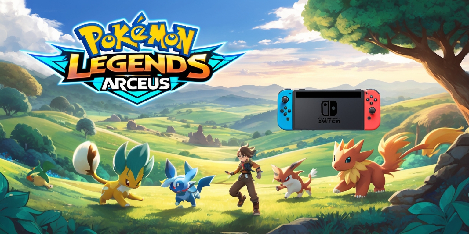 A vibrant and detailed illustration of the Pokémon Legends: Arceus game, featuring a lush and expansive landscape with rolling hills and towering trees, set against a warm and inviting color palette with shades of green, blue, and earthy tones, in the style of a fantastical and adventurous anime-inspired artwork, with a variety of Pokémon roaming freely in the foreground, including the main character and their trusty partners, with intricate textures and patterns on their fur and feathers, and a subtle glow effect on the legendary Pokémon, with the game's title and logo emblazoned boldly in a modern and sleek font, in a bright and eye-catching color, at the top of the image, and the Nintendo Switch console and controllers displayed prominently in the background, with a few subtle hints of the game's storyline and characters woven throughout the scene.