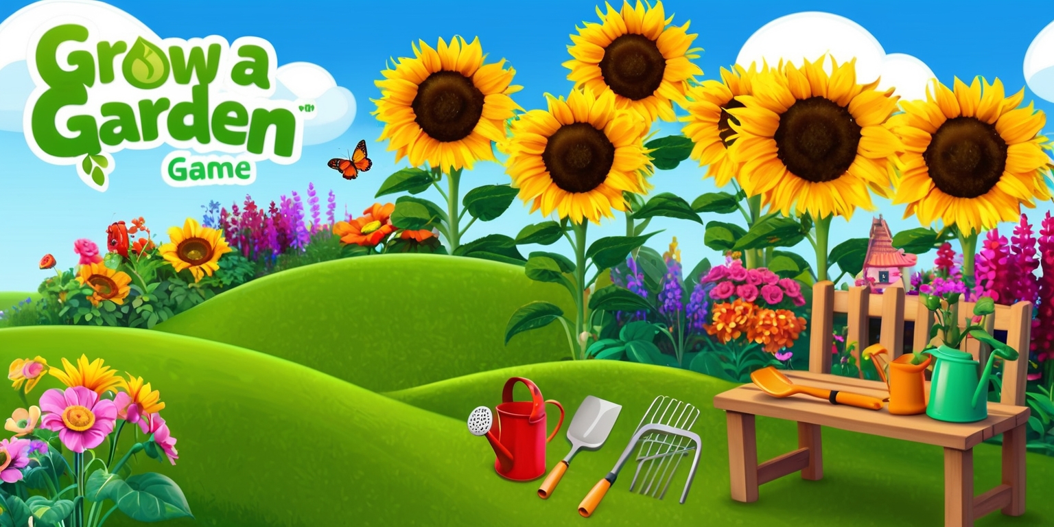 A vibrant and colorful digital illustration of a whimsical garden scene for the Grow a Garden game, featuring rolling hills of emerald green grass, towering sunflowers with bright yellow petals and dark brown centers, and a variety of flora in shades of pink, purple, and orange, with a clear blue sky and fluffy white clouds in the background, and in the foreground, a few gardening tools such as a watering can, a rake, and a shovel, laid out on a wooden bench, with a few garden gnomes and butterflies adding a touch of playfulness to the scene, and the game's logo, a stylized lettering with a leafy green font and a smile, is prominently displayed in the top left corner of the image.